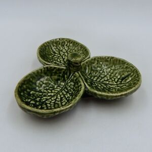 Cabbage Leaf Olive Nut Tidbit 3-Sided Divided Dish Olfaire Made In Portugal 6 In